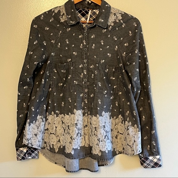 Free People Womens Long Sleeve Mixed Media Floral Dark Gray Boho Button … - Picture 11 of 12